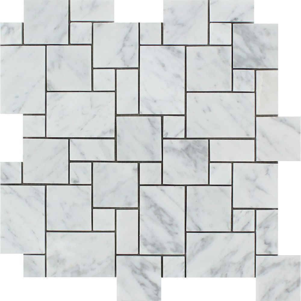 Bianco Carrara Honed Marble Mini Versailles Pattern Mosaic Tile Sample - Tilephile
