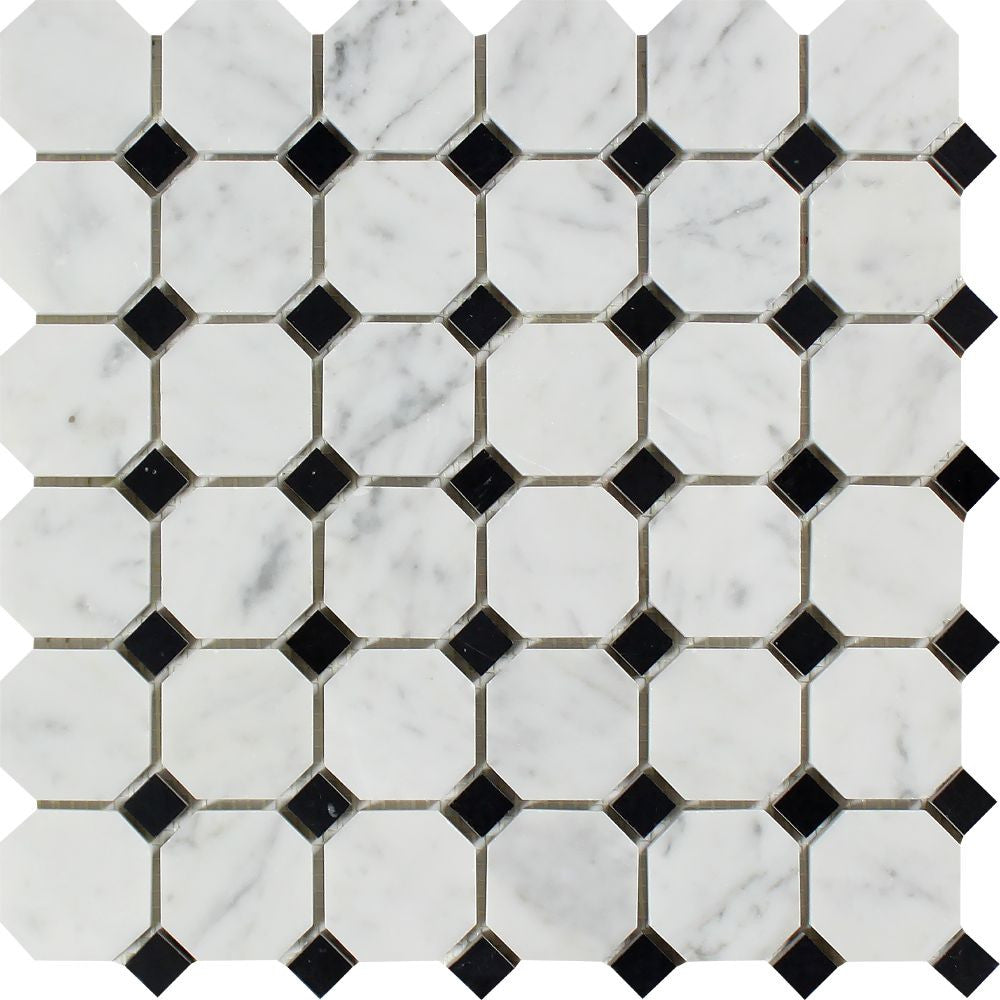 Bianco Carrara Honed Marble Octagon Mosaic Tile (w/ Black Dots) - Tilephile
