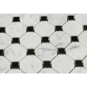 Bianco Carrara Honed Marble Octagon Mosaic Tile (w/ Black Dots) - Tilephile