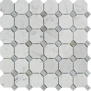 Bianco Carrara Honed Marble Octagon Mosaic Tile (w/ Blue-Gray Dots) - Tilephile