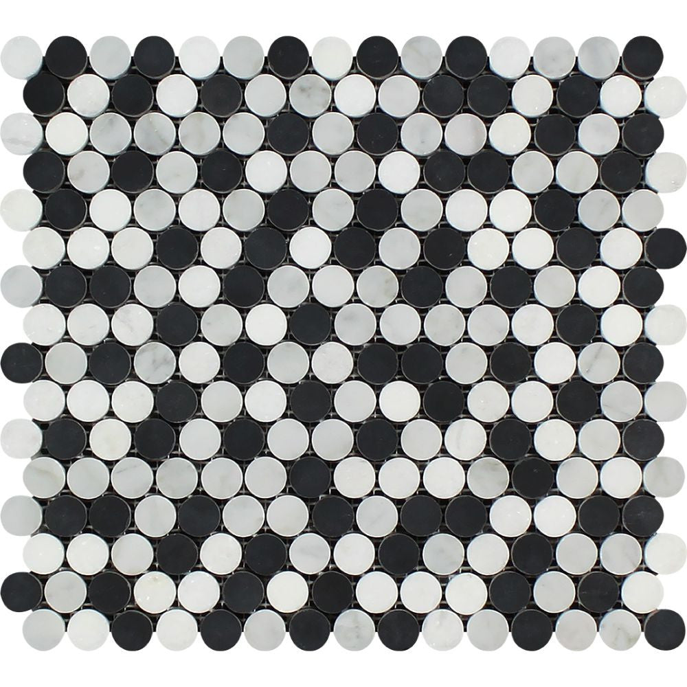 Bianco Carrara Honed Marble Penny Round Mosaic Tile (Carrara + Thassos + Black) Sample - Tilephile