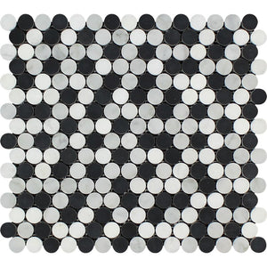 Bianco Carrara Honed Marble Penny Round Mosaic Tile (Carrara + Thassos + Black) - Tilephile