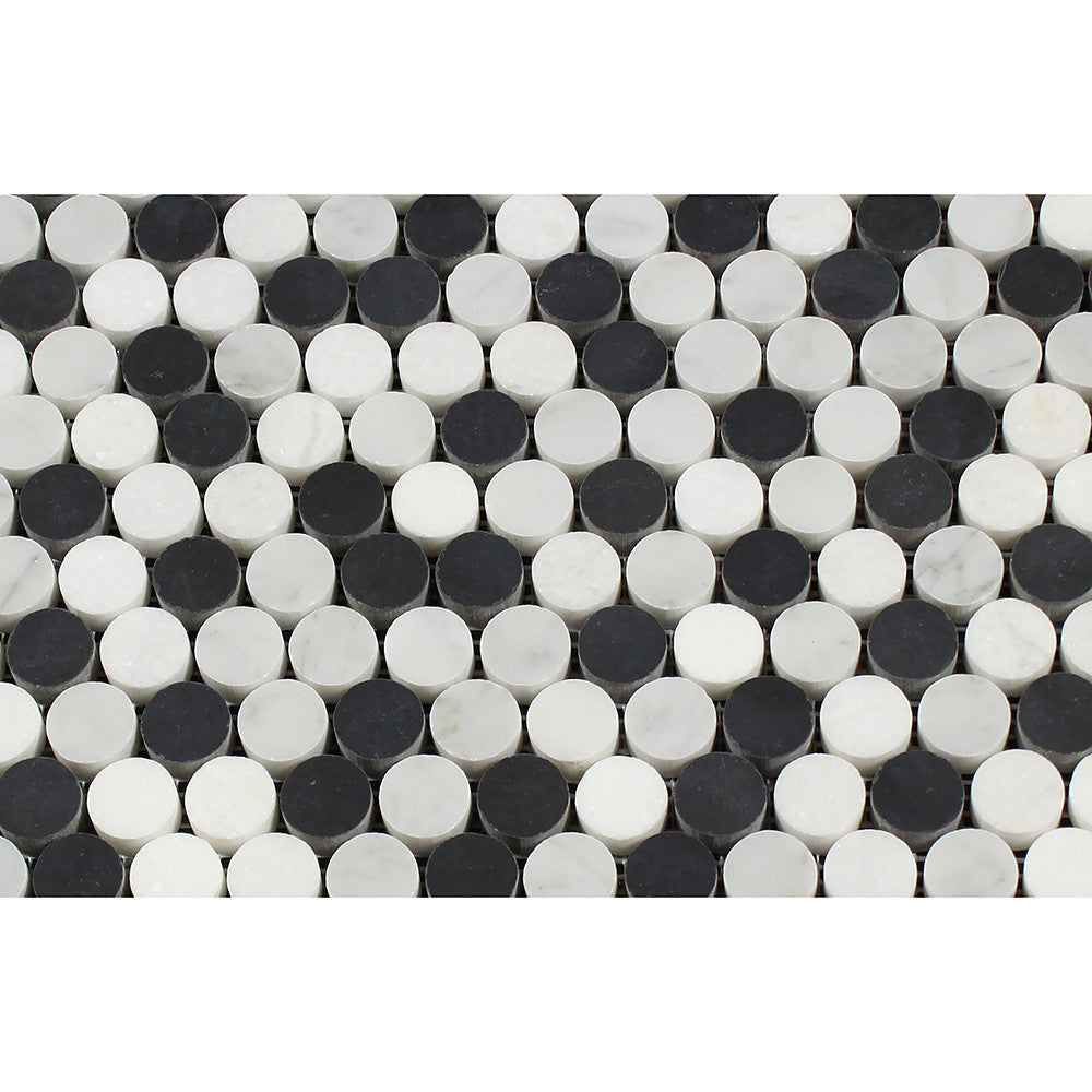 Bianco Carrara Honed Marble Penny Round Mosaic Tile (Carrara + Thassos + Black) - Tilephile