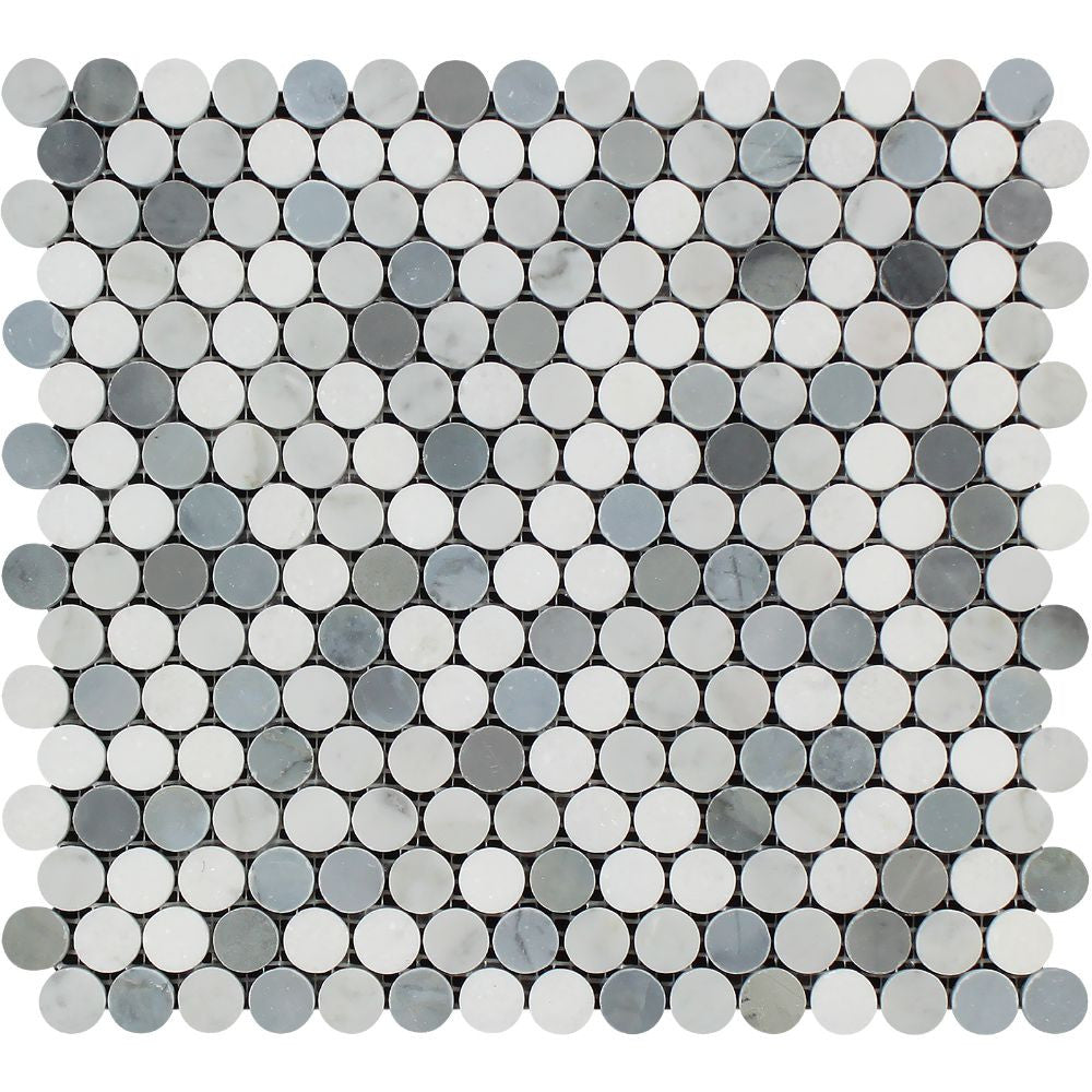 Bianco Carrara Honed Marble Penny Round Mosaic Tile (Carrara + Thassos + Blue) - Tilephile