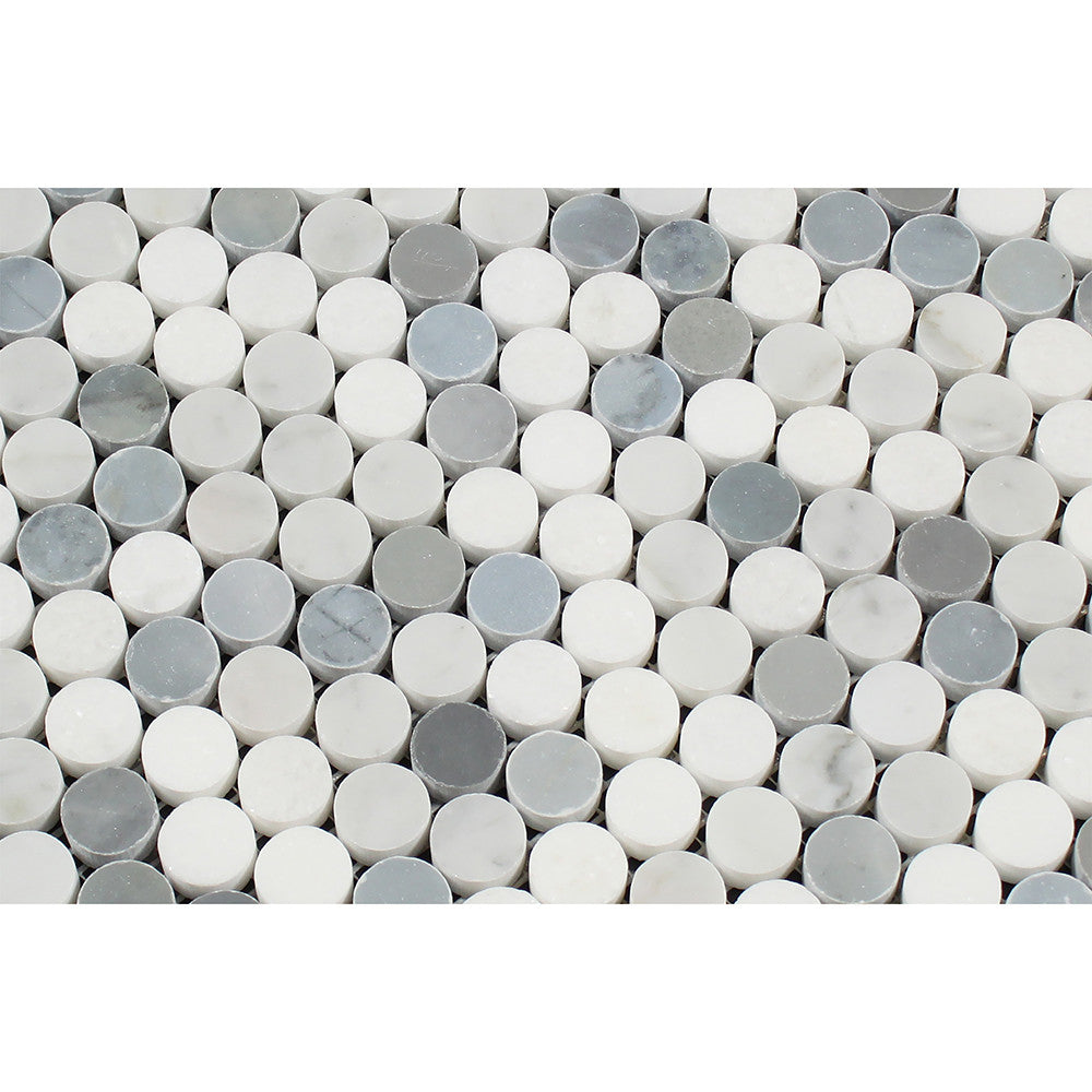 Bianco Carrara Honed Marble Penny Round Mosaic Tile (Carrara + Thassos + Blue) - Tilephile