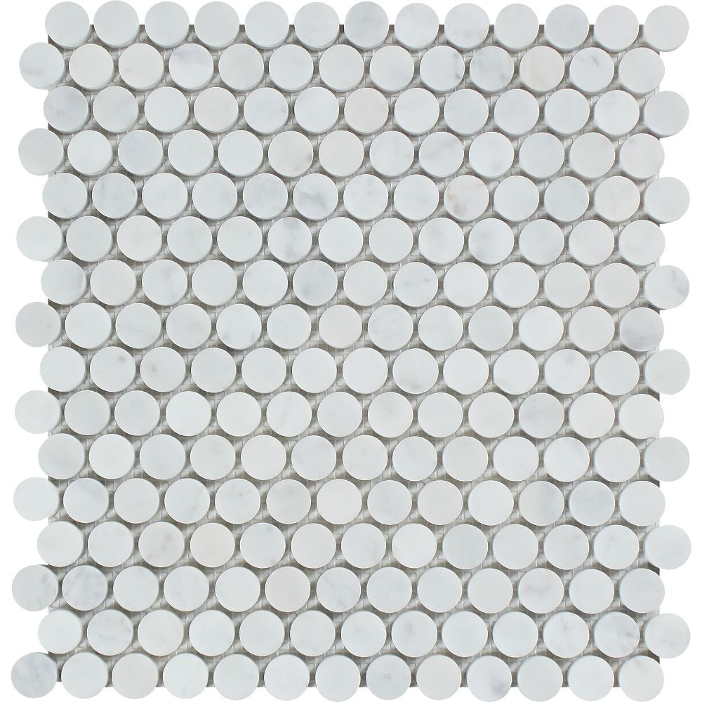 Bianco Carrara Honed Marble Penny Round Mosaic Tile - Tilephile