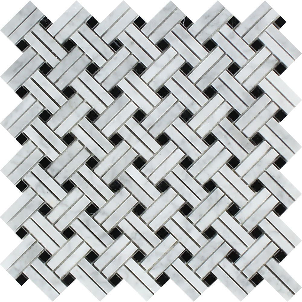 Bianco Carrara Honed Marble Stanza Mosaic Tile (w/ Black Dots) - Tilephile