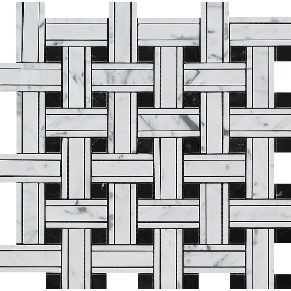 Bianco Carrara Honed Marble Tripleweave Mosaic Tile (w/ Black) - Tilephile