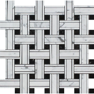 Bianco Carrara Honed Marble Tripleweave Mosaic Tile (w/ Black) - Tilephile