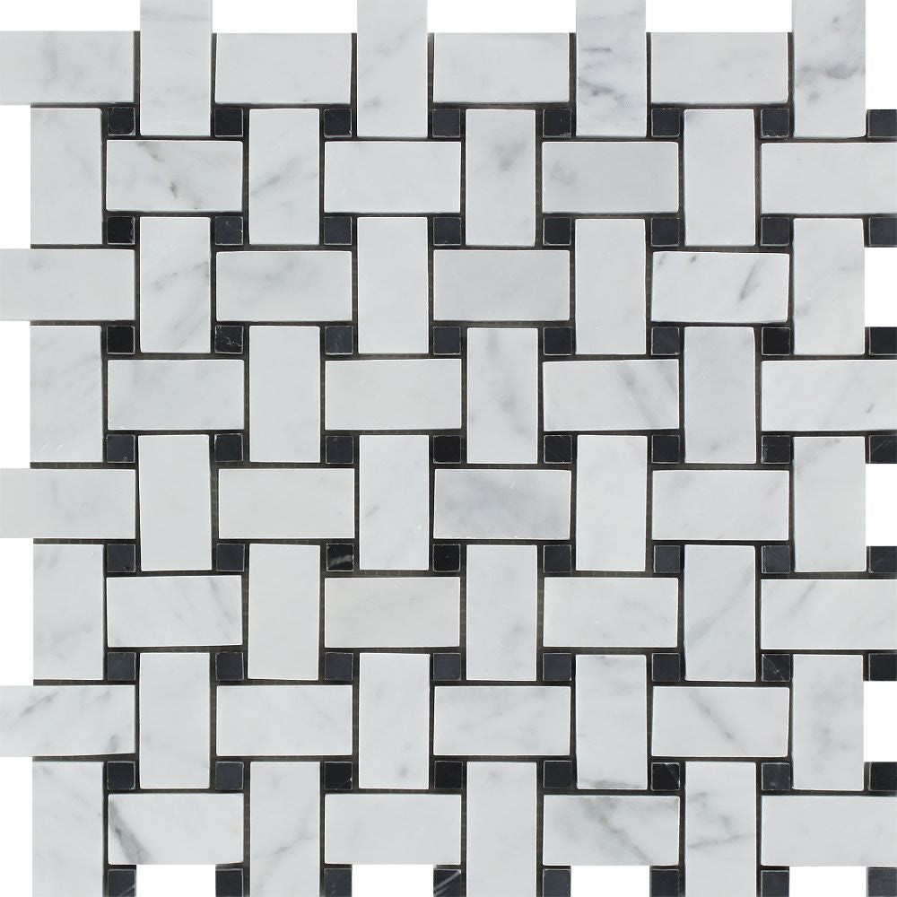 Bianco Carrara Polished Marble Basketweave Mosaic Tile (w/ Black Dots) Sample - Tilephile