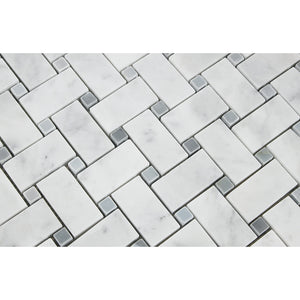 Bianco Carrara Polished Marble Basketweave Mosaic Tile (w/ Blue-Gray Dots) - Tilephile