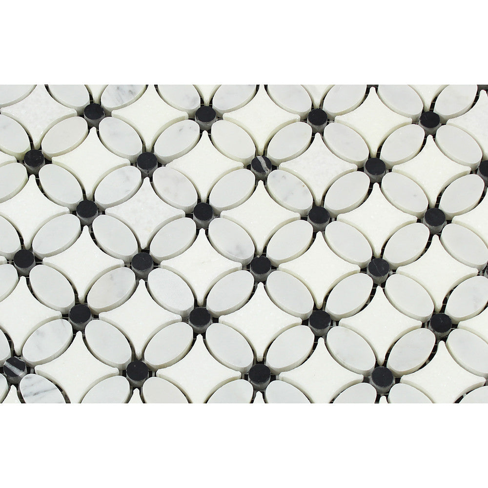 Bianco Carrara Polished Marble Florida Flower Mosaic Tile (Thassos + Carrara (Oval) + Black (Dots)) - Tilephile