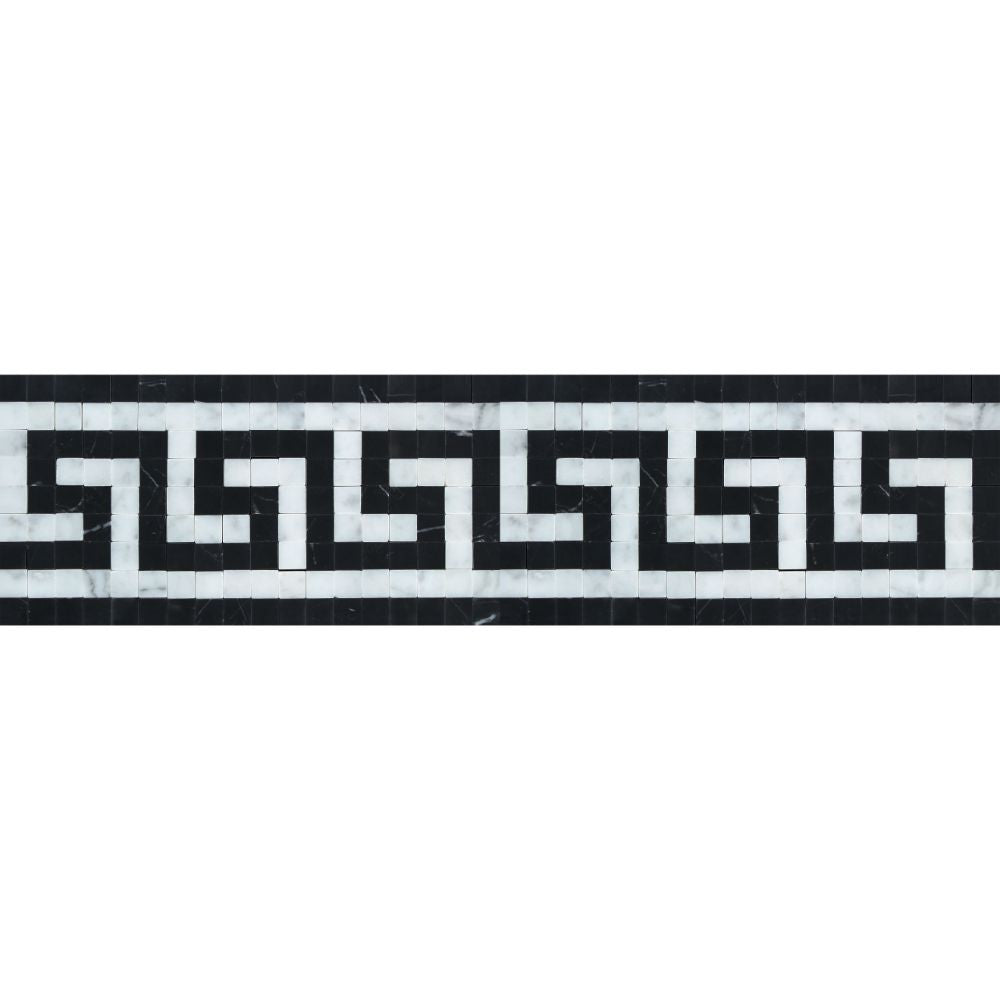 Bianco Carrara Polished Marble Greek Key Border (Carrara w/ Black) - Tilephile