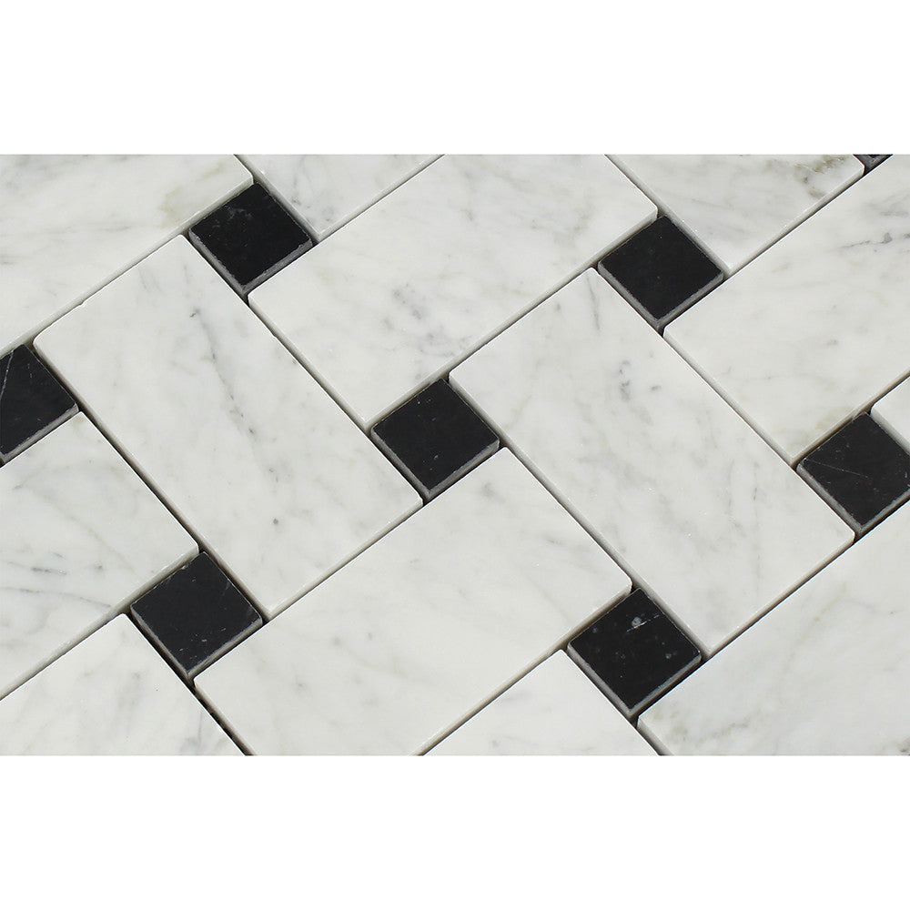 Bianco Carrara Polished Marble Large Basketweave Mosaic Tile (w/ Black Dots) - Tilephile
