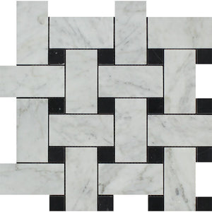 Bianco Carrara Polished Marble Large Basketweave Mosaic Tile (w/ Black Dots) - Tilephile