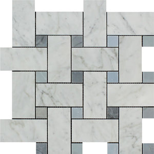 Bianco Carrara Polished Marble Large Basketweave Mosaic Tile (w/ Blue-Gray Dots) - Tilephile