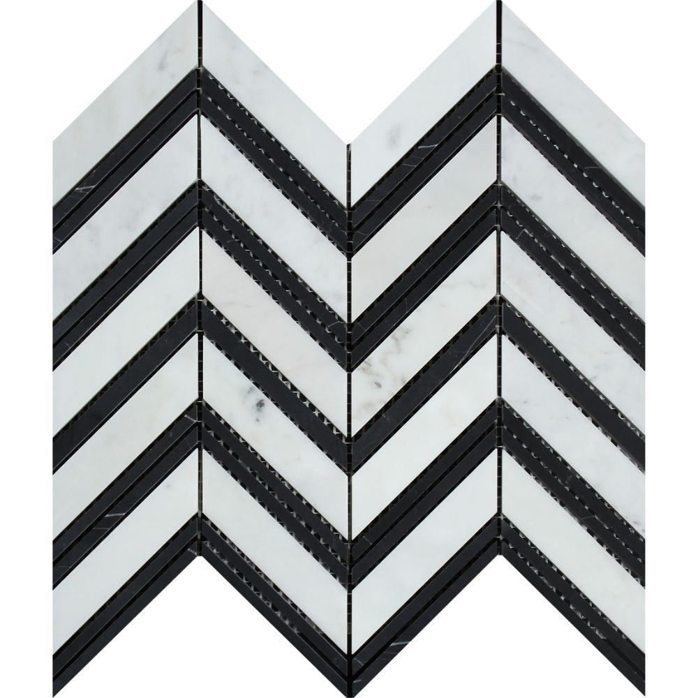 Bianco Carrara Polished Marble Large Chevron Mosaic Tile (Carrara + Black (Thin Strips)) Sample - Tilephile
