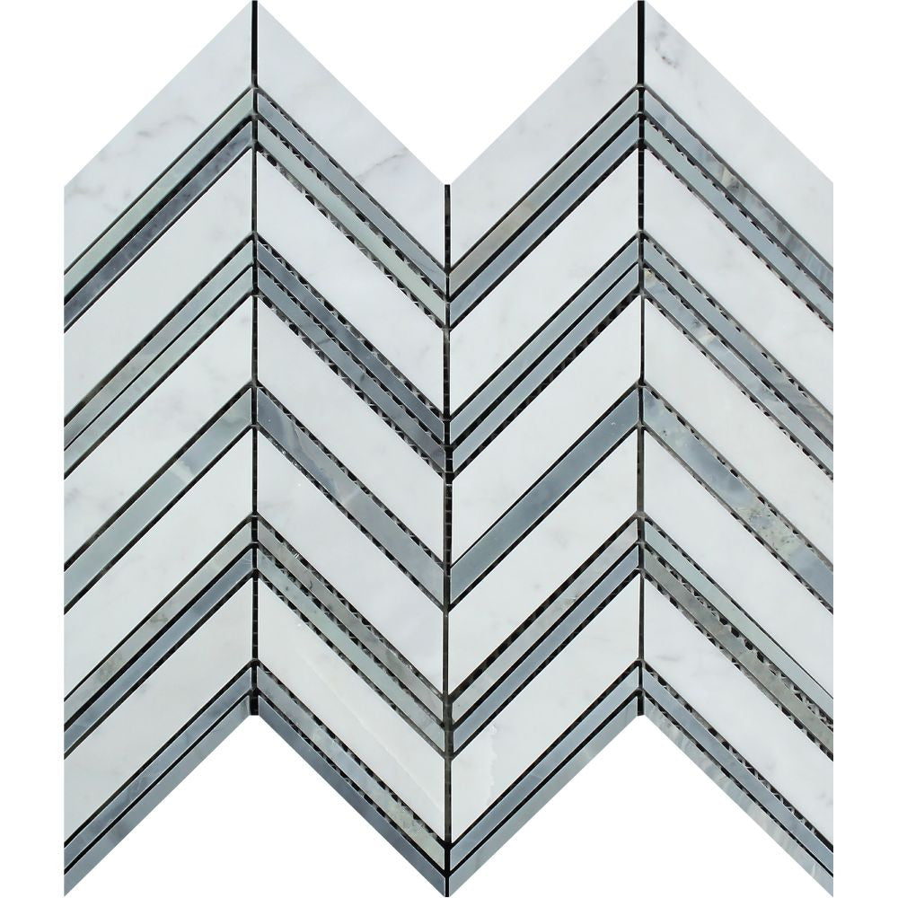 Bianco Carrara Polished Marble Large Chevron Mosaic Tile (Carrara + Blue-Gray (Thin Strips)) - Tilephile