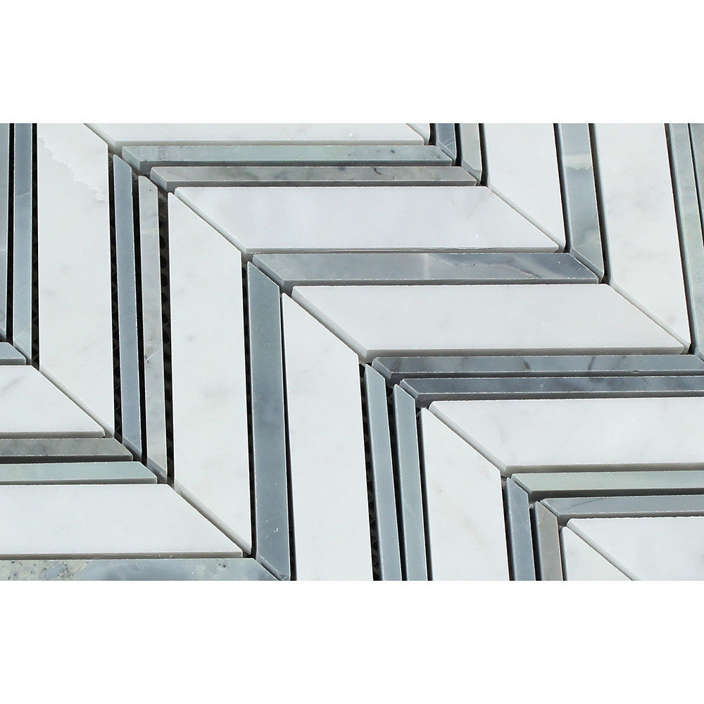 Bianco Carrara Polished Marble Large Chevron Mosaic Tile (Carrara + Blue-Gray (Thin Strips)) - Tilephile