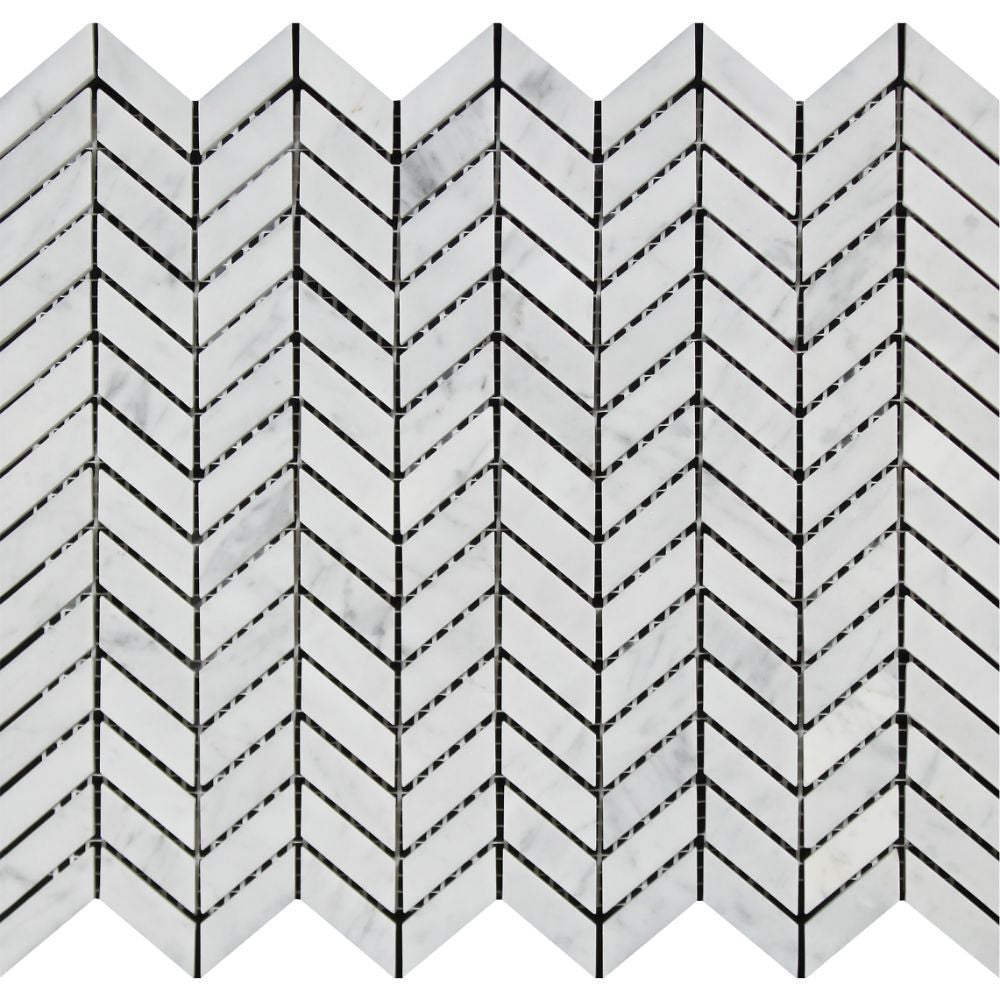 Bianco Carrara Polished Marble Mini Chevron Mosaic Tile - Tilephile