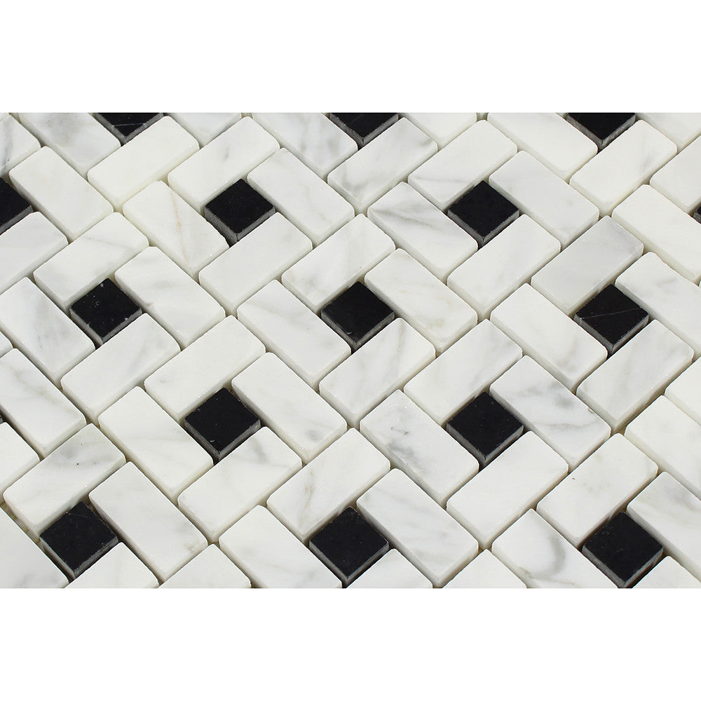 Bianco Carrara Polished Marble Mini Pinwheel Mosaic Tile (w/ Black Dots) - Tilephile