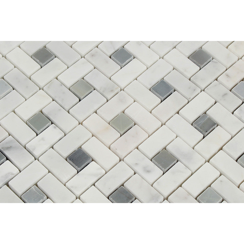 Bianco Carrara Polished Marble Mini Pinwheel Mosaic Tile (w/ Blue-Gray Dots) - Tilephile