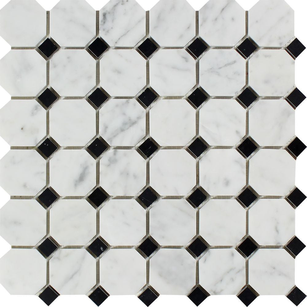 Bianco Carrara Polished Marble Octagon Mosaic Tile (w/ Black Dots) - Tilephile