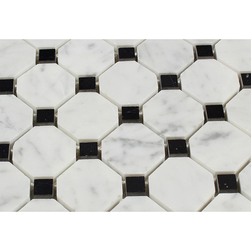 Bianco Carrara Polished Marble Octagon Mosaic Tile (w/ Black Dots) - Tilephile