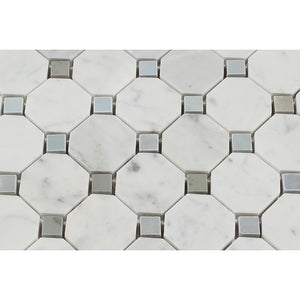 Bianco Carrara Polished Marble Octagon Mosaic Tile (w/ Blue-Gray Dots) - Tilephile