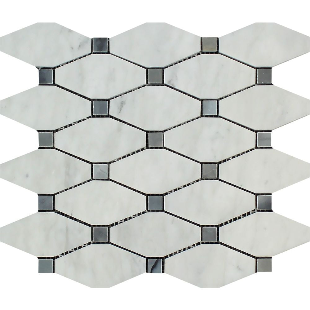 Bianco Carrara Polished Marble Octave Mosaic Tile (w/ Blue-Gray Dots) Sample - Tilephile