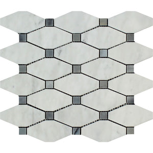 Bianco Carrara Polished Marble Octave Mosaic Tile (w/ Blue-Gray Dots) - Tilephile