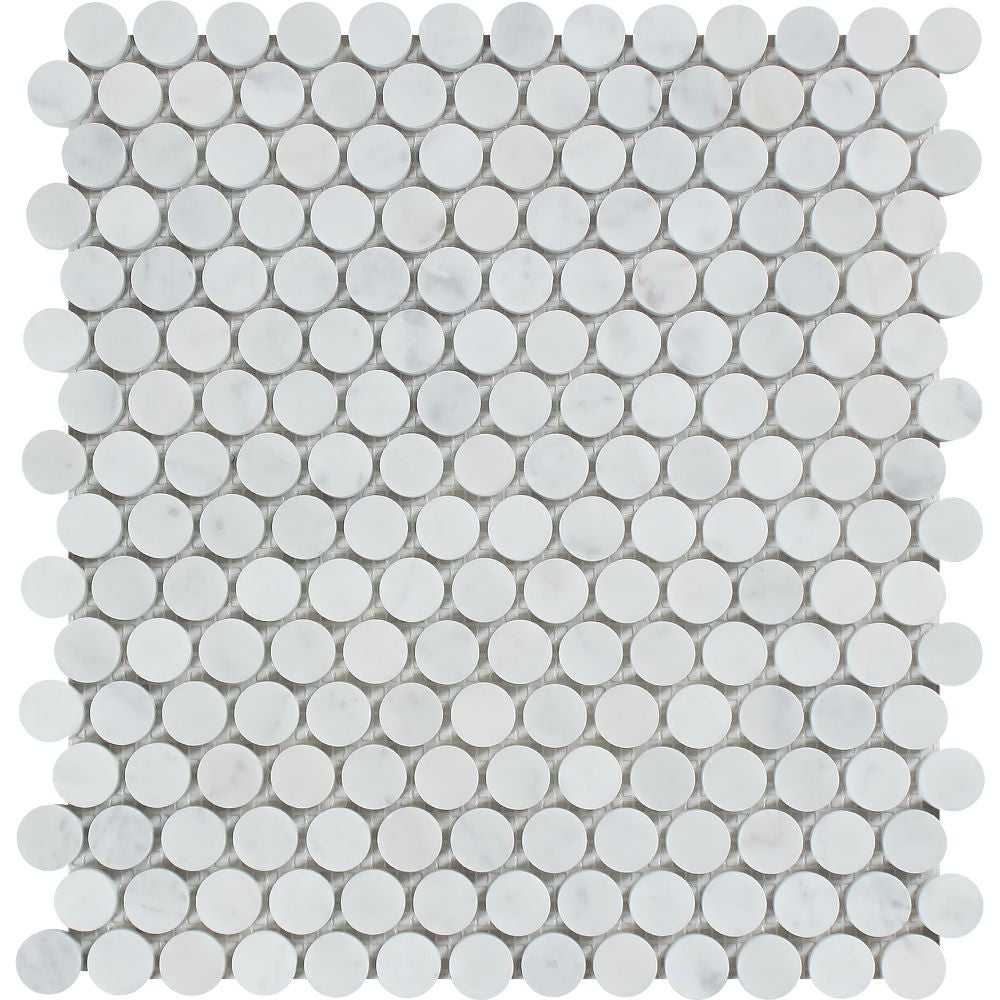 Bianco Carrara Polished Marble Penny Round Mosaic Tile Sample - Tilephile