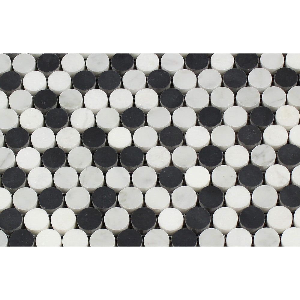 Bianco Carrara Polished Marble Penny Round Mosaic Tile (Carrara + Thassos + Black) - Tilephile