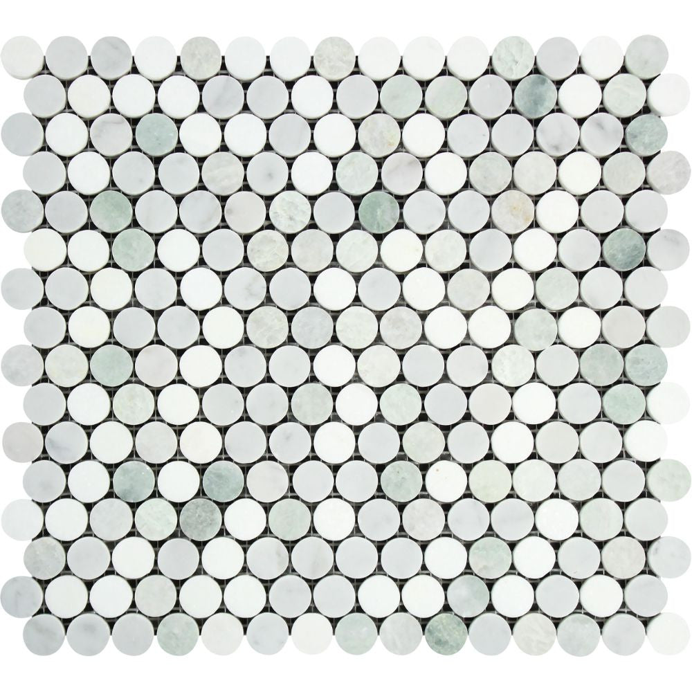 Bianco Carrara Polished Marble Penny Round Mosaic Tile (Carrara + Thassos + Ming Green) Sample - Tilephile
