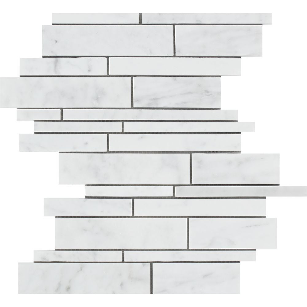 Bianco Carrara Polished Marble Random Strip Mosaic Tile - Tilephile