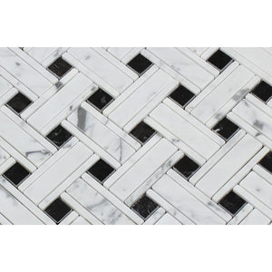Bianco Carrara Polished Marble Tripleweave Mosaic Tile (w/ Black) - Tilephile