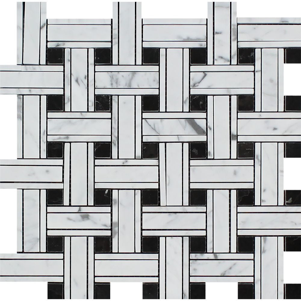Bianco Carrara Polished Marble Tripleweave Mosaic Tile (w/ Black) - Tilephile