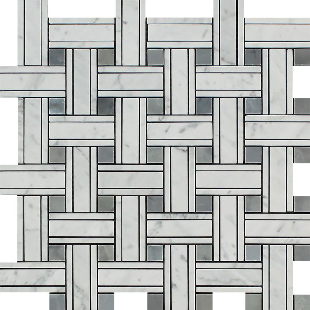 Bianco Carrara Polished Marble Tripleweave Mosaic Tile (w/ Blue-Gray) - Tilephile
