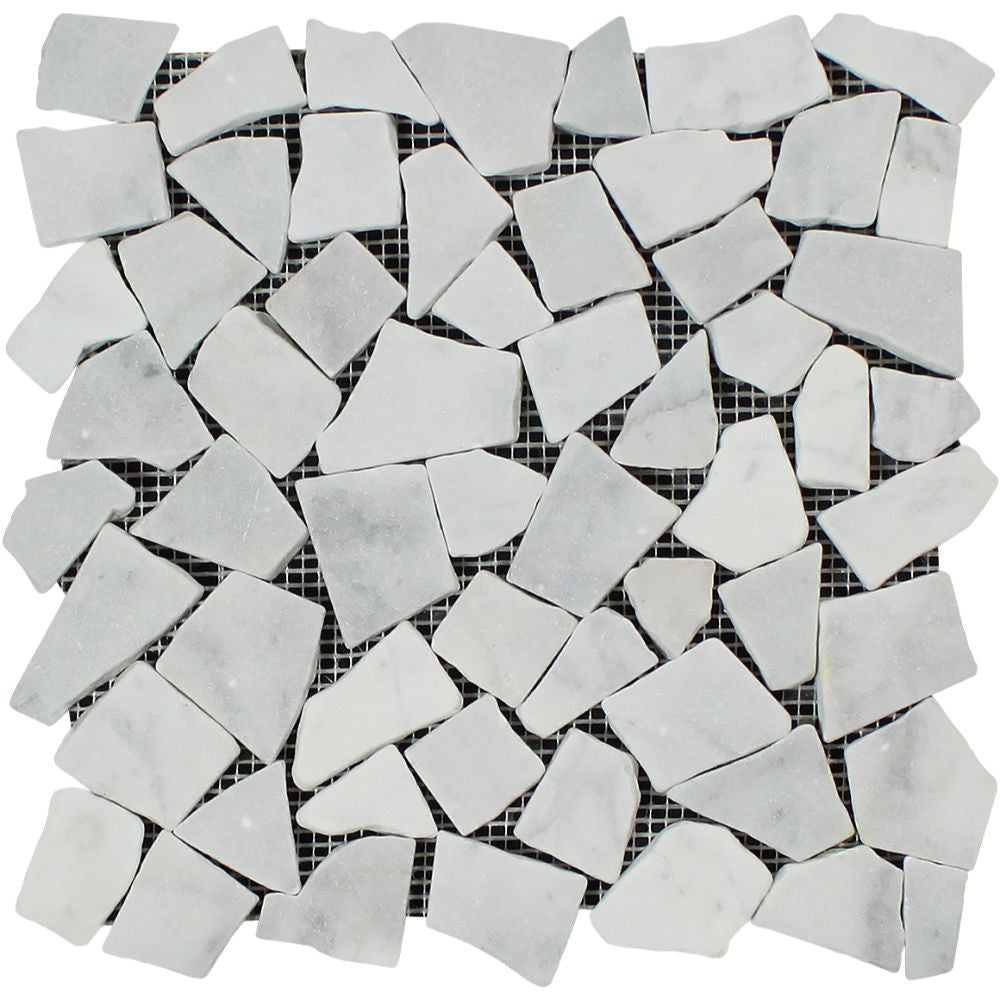 Bianco Carrara Tumbled Marble Random Broken Mosaic Tile Sample - Tilephile