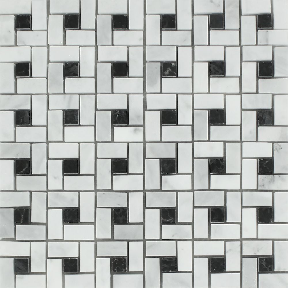 Bianco Mare Honed Marble Mini Pinwheel Mosaic Tile w/ Black Dots - Tilephile