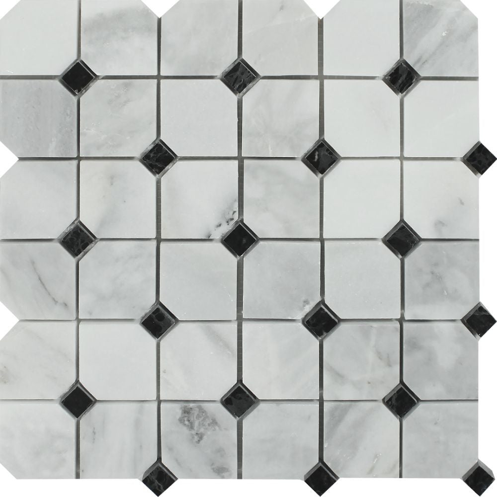 Bianco Mare Honed Marble Octagon Mosaic Tile w/ Black Dots - Tilephile