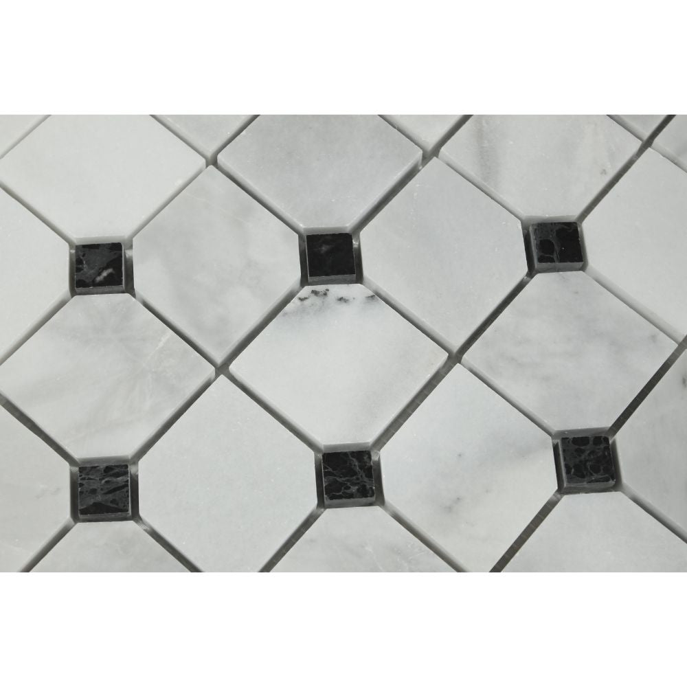 Bianco Mare Honed Marble Octagon Mosaic Tile w/ Black Dots - Tilephile