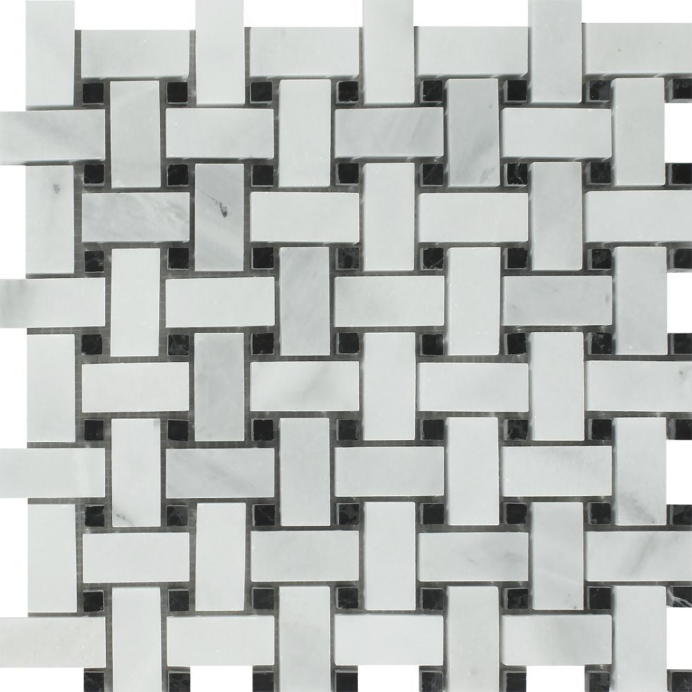 Bianco Mare Polished Marble Basketweave Mosaic Tile w/ Black Dots Sample - Tilephile