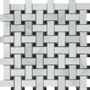 Bianco Mare Polished Marble Basketweave Mosaic Tile w/ Black Dots - Tilephile