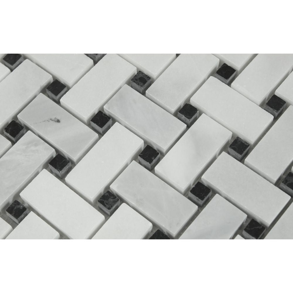 Bianco Mare Polished Marble Basketweave Mosaic Tile w/ Black Dots - Tilephile