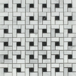 Bianco Mare Polished Marble Mini Pinwheel Mosaic Tile w/ Black Dots - Tilephile