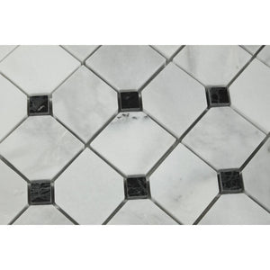 Bianco Mare Polished Marble Octagon Mosaic Tile w/ Black Dots - Tilephile