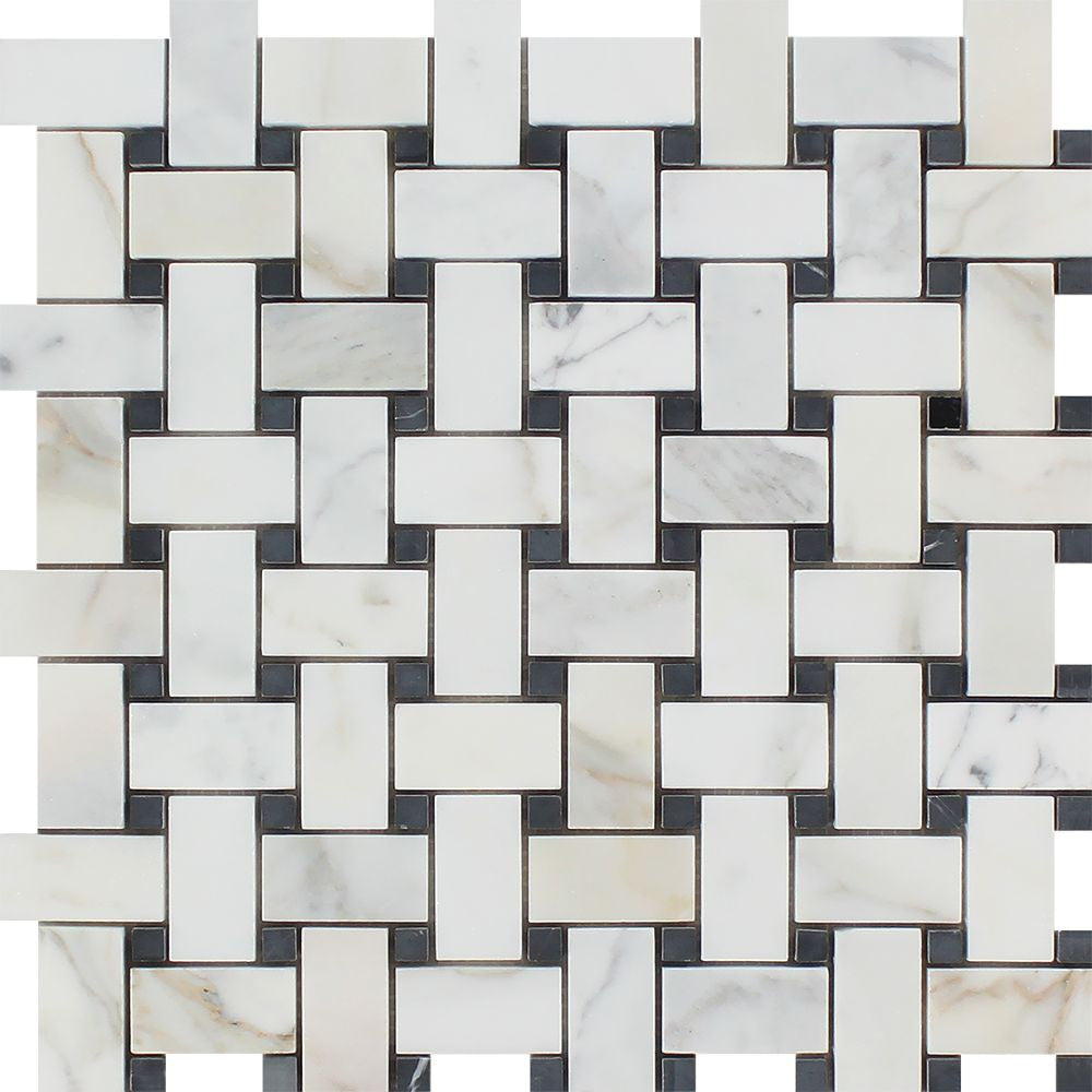 Calacatta Gold Honed Marble Basketweave Mosaic Tile w/ Black Dots - Tilephile