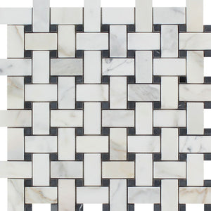 Calacatta Gold Honed Marble Basketweave Mosaic Tile w/ Black Dots - Tilephile