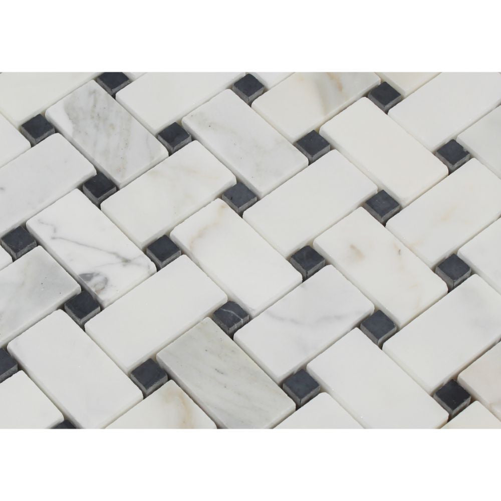 Calacatta Gold Honed Marble Basketweave Mosaic Tile w/ Black Dots - Tilephile